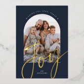 Blue Simple Joy Modern Script Arch Foto Kerstmis Folie Feestdagenkaart (Voorkant)