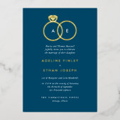 Blue Simple Modern Rings Monogram Weddenschap Folie Uitnodiging (Voorkant)