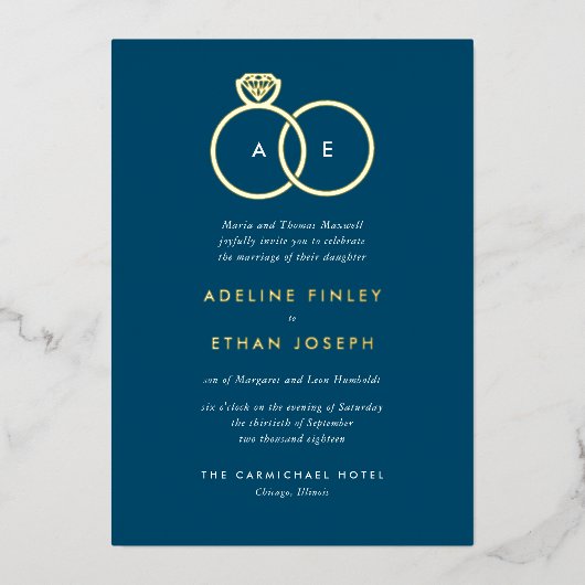 Blue Simple Modern Rings Monogram Weddenschap Folie Uitnodiging (Voorkant)