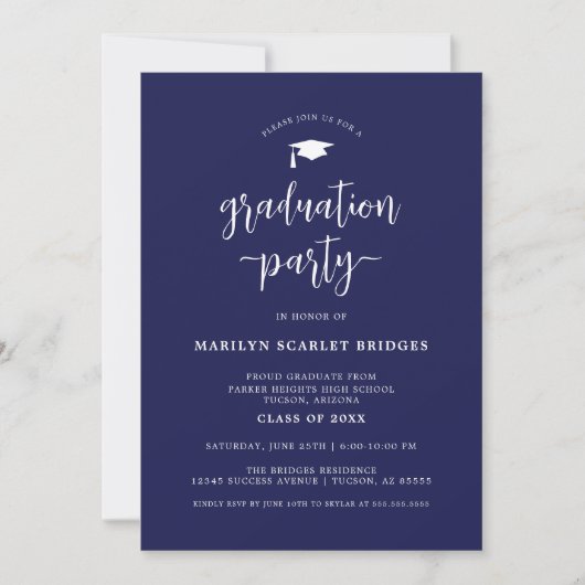 Blue Simple Modern Script Afstuderen Invitation Kaart (Voorkant)