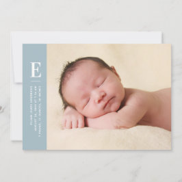 Blue Simple Monogram New Baby Photo Birth Aankondiging