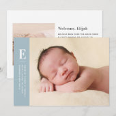 Blue Simple Monogram New Baby Photo Birth Aankondiging (Voorkant / Achterkant)