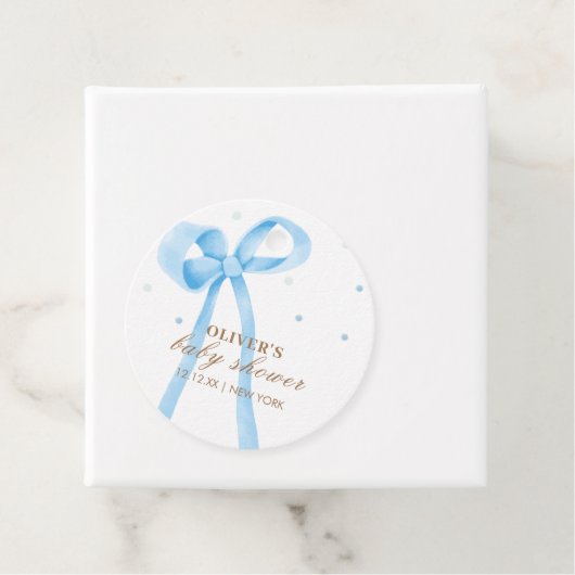 Blue Simple Polka Dot Bow Baby shower Bedankjes Labels (In situ)