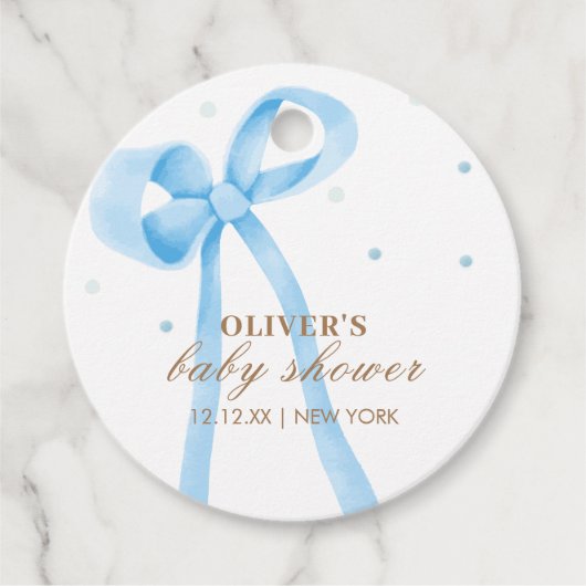 Blue Simple Polka Dot Bow Baby shower Bedankjes Labels (Voorkant)