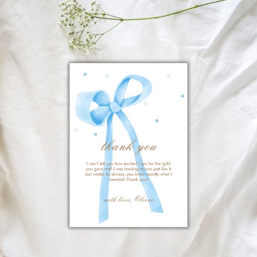 Blue Simple Polka Dot Bow Baby shower Bedankkaart