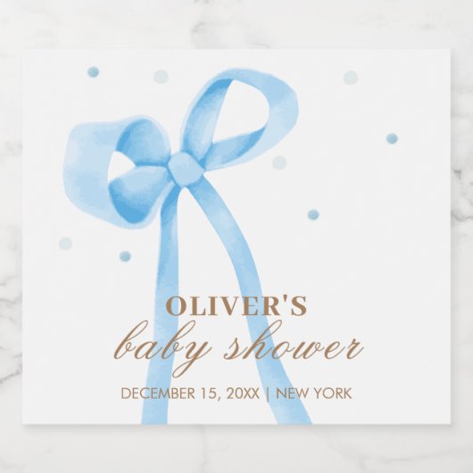 Blue Simple Polka Dot Bow Baby shower Sparkling Wijnetiket (Enkel label)
