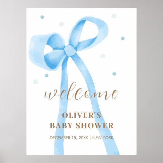Blue Simple Polka Dot Bow Baby shower Welkom Poster (Voorkant)