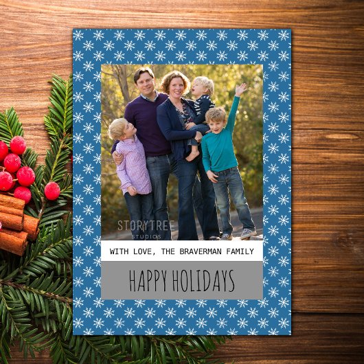 Blue Simple Snowflake Holiday Photo Flat Kaart