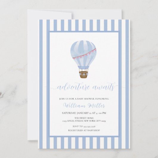 Blue Simple Stripe Hete Luchtballon Baby shower Kaart (Voorkant)