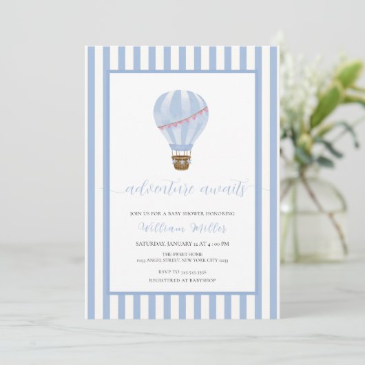 Blue Simple Stripe Hete Luchtballon Baby shower Kaart (Staand voorkant)