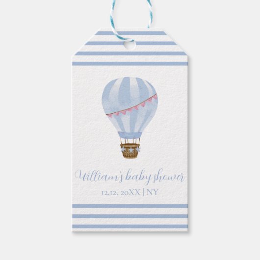 Blue Simple Stripe Hete Luchtballon Boy Baby showe Cadeaulabel (Voorkant)