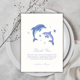 Blue Simple Summer Dolphin Stars Baby shower Bedankkaart