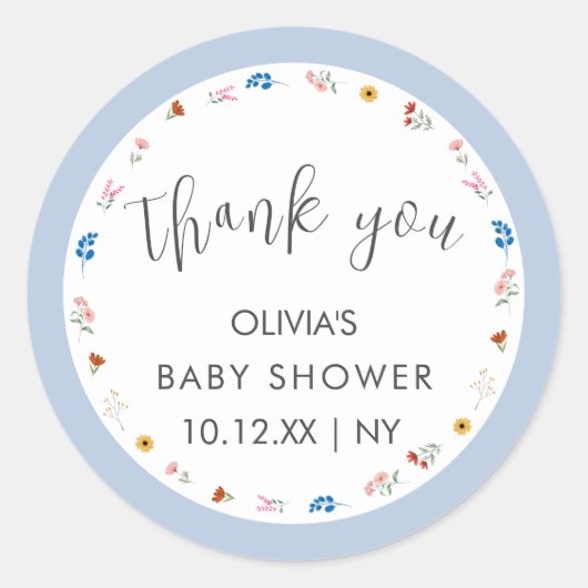 Blue Simple Tiny Wildflower Baby shower Dank u Ronde Sticker (Voorkant)
