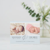 Blue Simple Twin Boys Photo Birth Announounding Briefkaart (Staand voorkant)