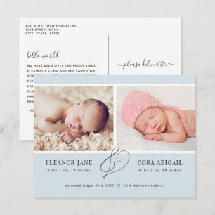 Blue Simple Twin Boys Photo Birth Announounding Briefkaart