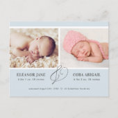 Blue Simple Twin Boys Photo Birth Announounding Briefkaart (Voorkant)