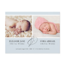 Blue Simple Twin Boys Photo Birth Announounding