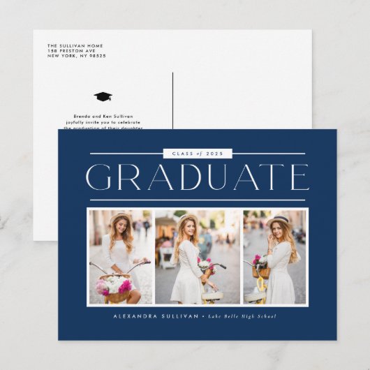 Blue Simple Typography Photo Collage Afstuderen Briefkaart (Voorkant / Achterkant)
