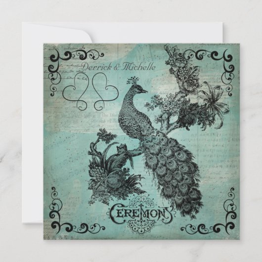 Blue Sing a Song Peacock Wedding Invitation Kaart (Voorkant)