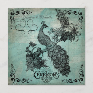 Blue Sing a Song Peacock Wedding Invitation Kaart