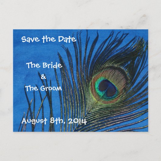Blue Single Peacock Feather Save the Date Briefkaa Aankondigingskaart (Voorkant)
