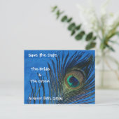 Blue Single Peacock Feather Save the Date Briefkaa Aankondigingskaart (Staand voorkant)