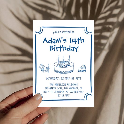 Blue Sketch Line Art Kids Birthday Party       Kaart