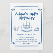 Blue Sketch Line Art Kids Birthday Party       Kaart (Voorkant)