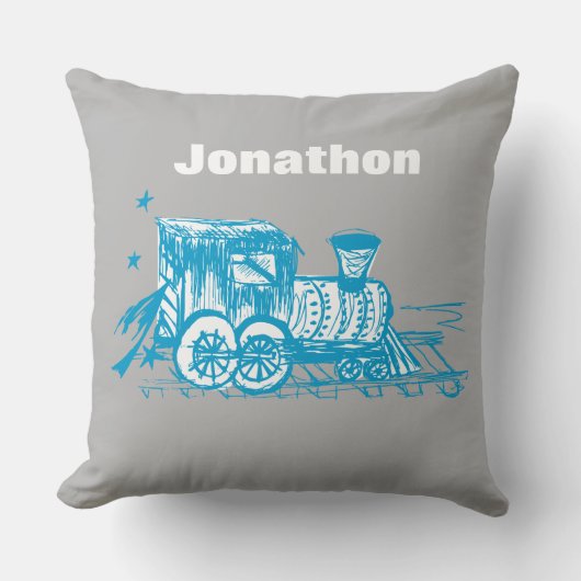 Blue Sketched Choo Choo Train Boys Room Nursery Kussen (Voorkant)