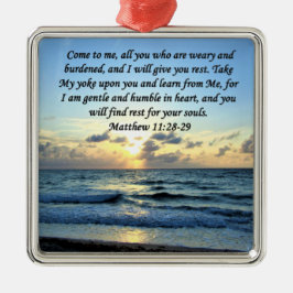 BLUE SKIES MATTHEW 11:28 ZONSOPGANG FOTOONTWERP METALEN ORNAMENT