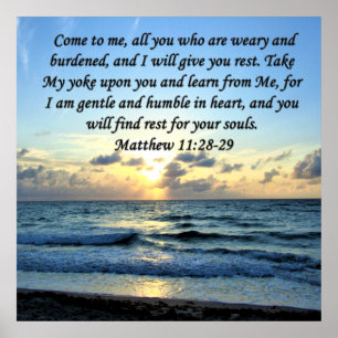 BLUE SKIES MATTHEW 11:28 ZONSOPGANG FOTOONTWERP POSTER