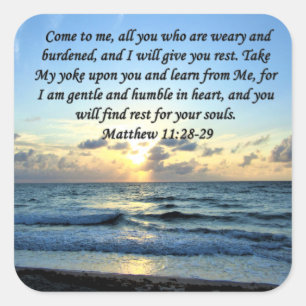 BLUE SKIES MATTHEW 11:28 ZONSOPGANG FOTOONTWERP VIERKANTE STICKER