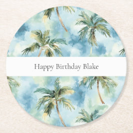Blue Skies Tropical Island Palm Trees Birthday Ronde Kartonnen Onderzetter