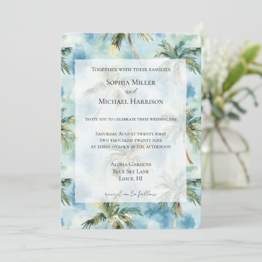 Blue Skies Tropical Island Palm Trees Wedding Kaart (Staand voorkant)