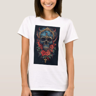 Blue Skull with Golden Crown and Red Roses T-shirt