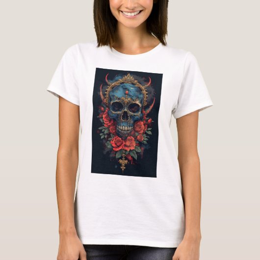 Blue Skull with Golden Crown and Red Roses T-shirt (Voorkant)