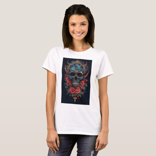 Blue Skull with Golden Crown and Red Roses T-shirt (Voorkant volledig)