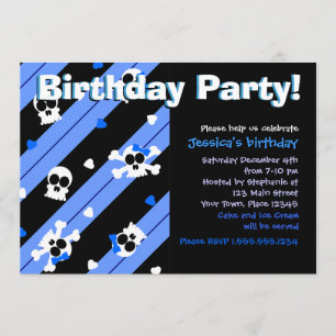 Blue Skulls and Hearts Birthday Party Kaart