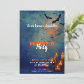 Blue Sky Bats Candles Pumpkins Halloween Party Kaart (Staand voorkant)