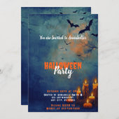 Blue Sky Bats Candles Pumpkins Halloween Party Kaart (Voorkant / Achterkant)