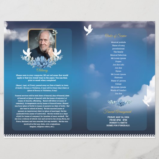 Blue Sky begrafenisprogramma Sjabloon (Achterkant)