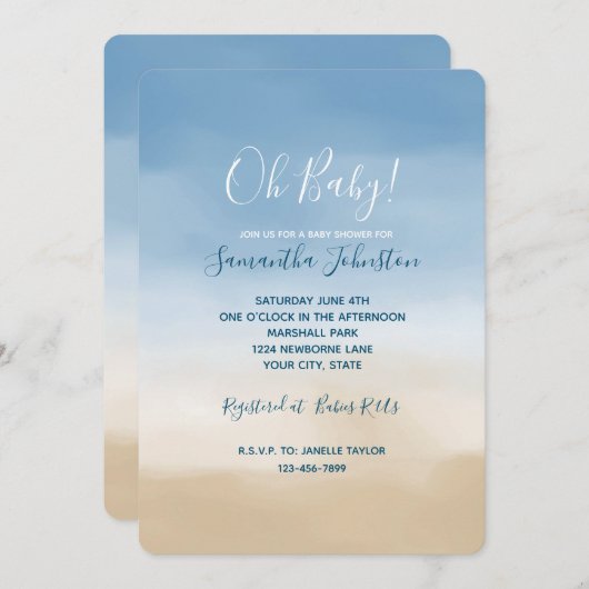 Blue Sky Beige Sand Ombre Waterverf Kaart (Voorkant / Achterkant)