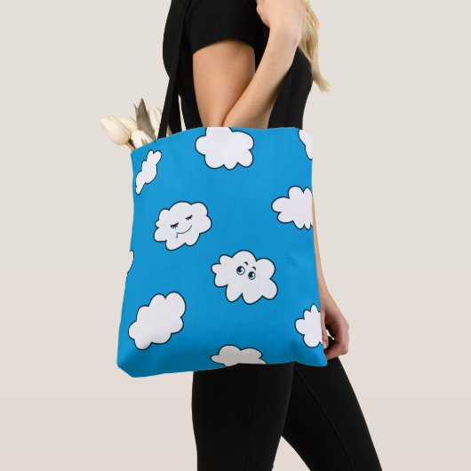 Blue Sky Cartoon Funny Clouds Tote Bag (Dichtbij)