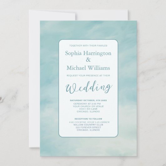 Blue Sky Clouds Wedding Invite QR Code Ethereal Kaart (Voorkant)