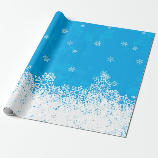 Blue Sky en Falling Snow Christmas Wrapping Paper Cadeaupapier (Uitgerold)
