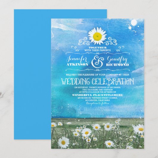 Blue Sky en Summer Meadow Daisies bruiloft uitnodi Kaart (Voorkant / Achterkant)