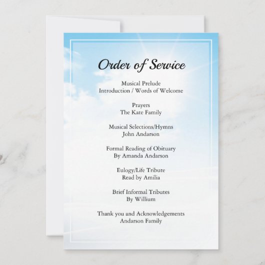 Blue sky Funeral Order of Service Invitation Kaart (Achterkant)