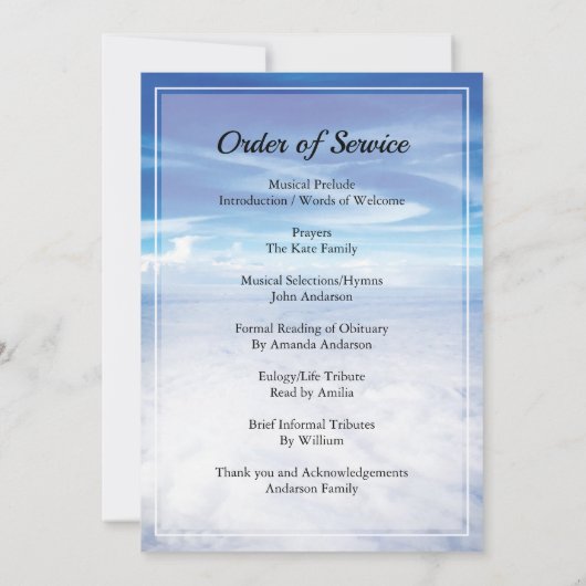 Blue sky Funeral Order of Service Invitation Kaart (Achterkant)