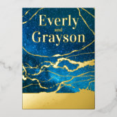 Blue Sky Galaxy Agate Marble Gold Wedding Folie Uitnodiging