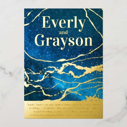Blue Sky Galaxy Agate Marble Gold Wedding Folie Uitnodiging (Voorkant)